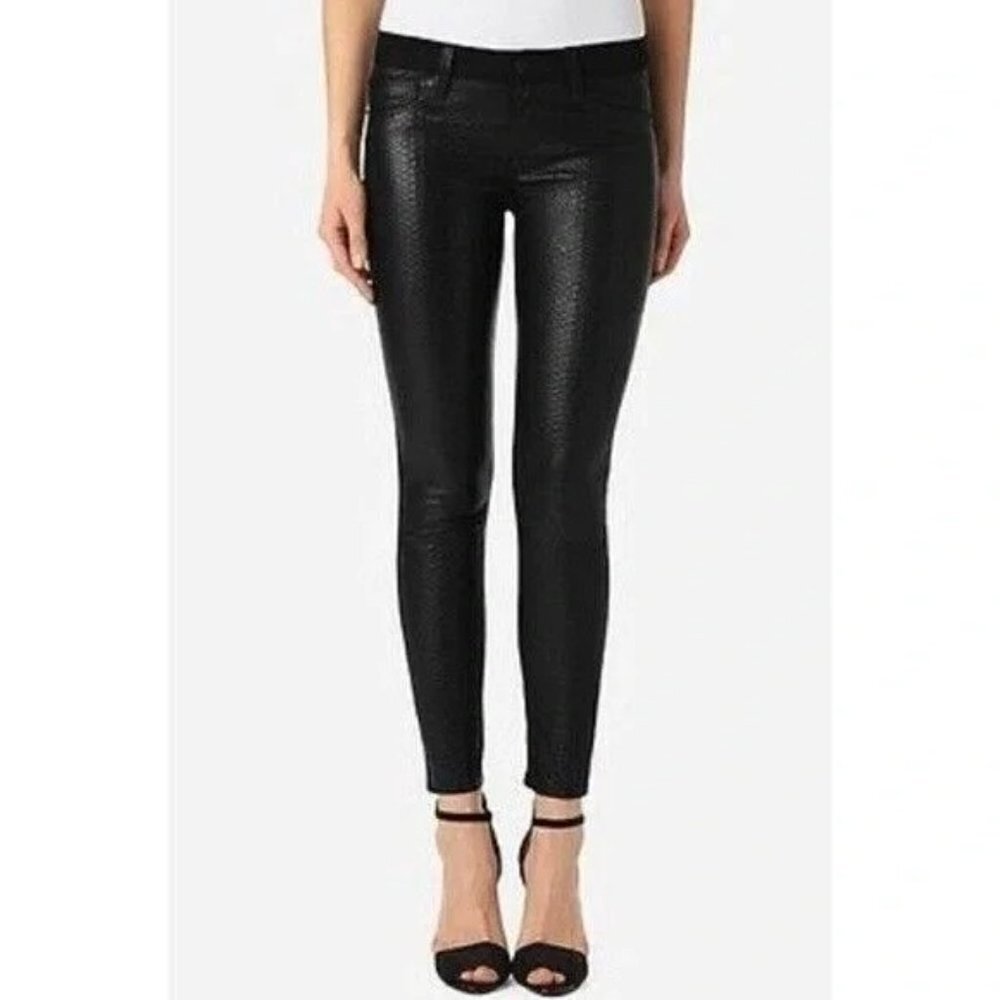HUDSON Lambskin Krista Vice Versa Leather Snake Print Jean Womens 25 Black Pant